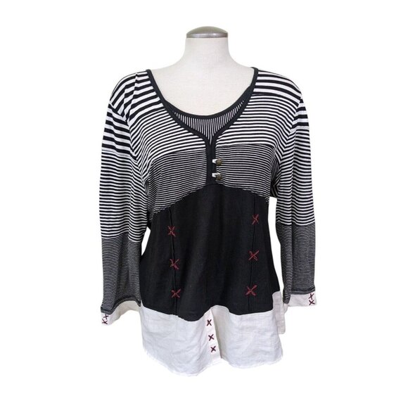 Parsley Sage Womens Tunic Top Artsy Black Stripe Size XL Long Sleeve Embroidery - Picture 1 of 7